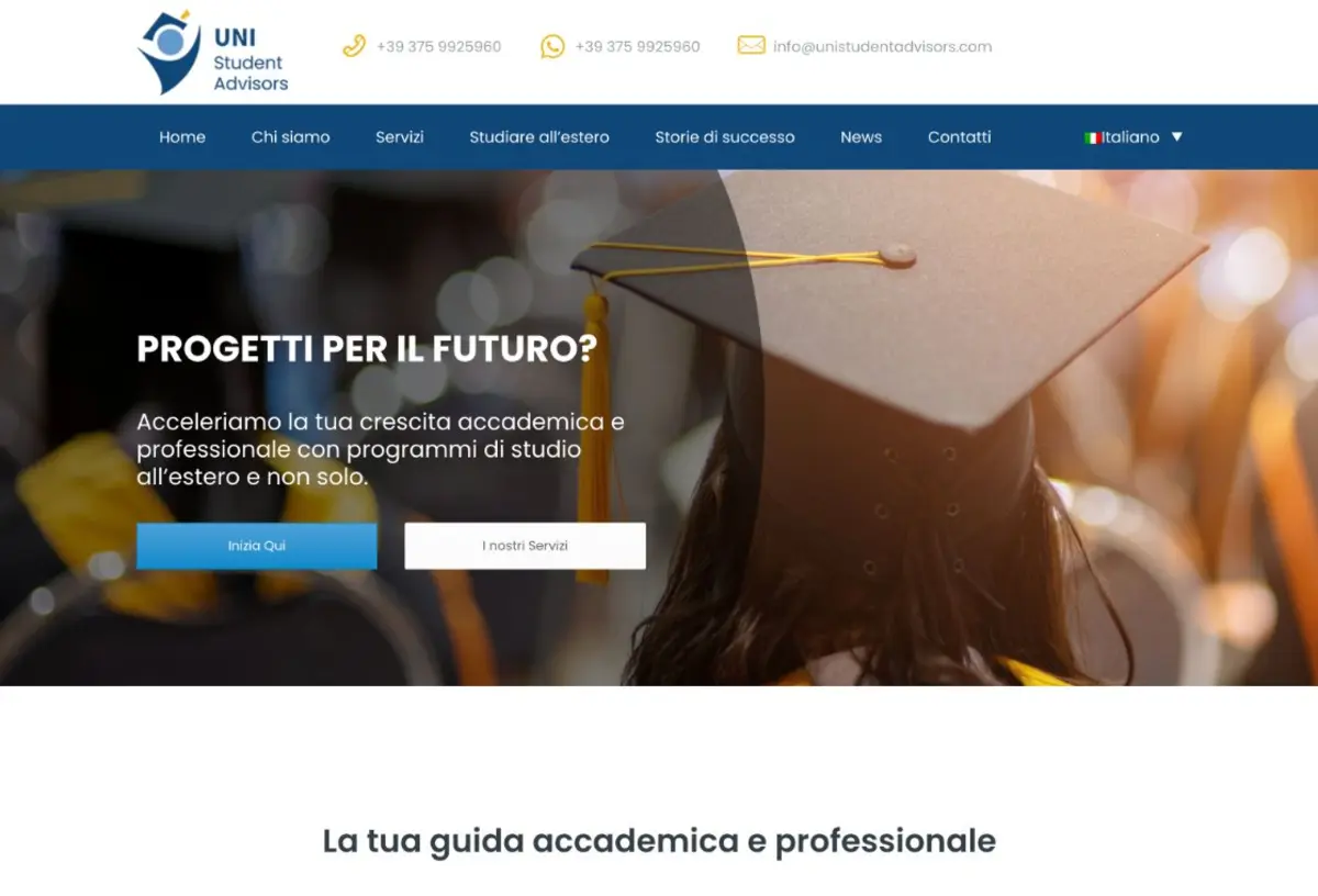 Homepage del sito UNI Student Advisors realizzato da Tommaso Bertelli
